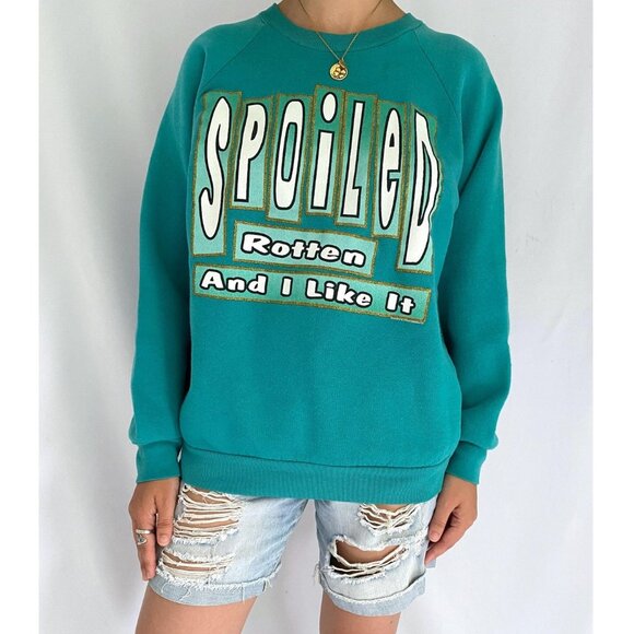 90s vintage reworked green spoiled rotten funny quote phrase pullover sweater - Picture 1 of 8